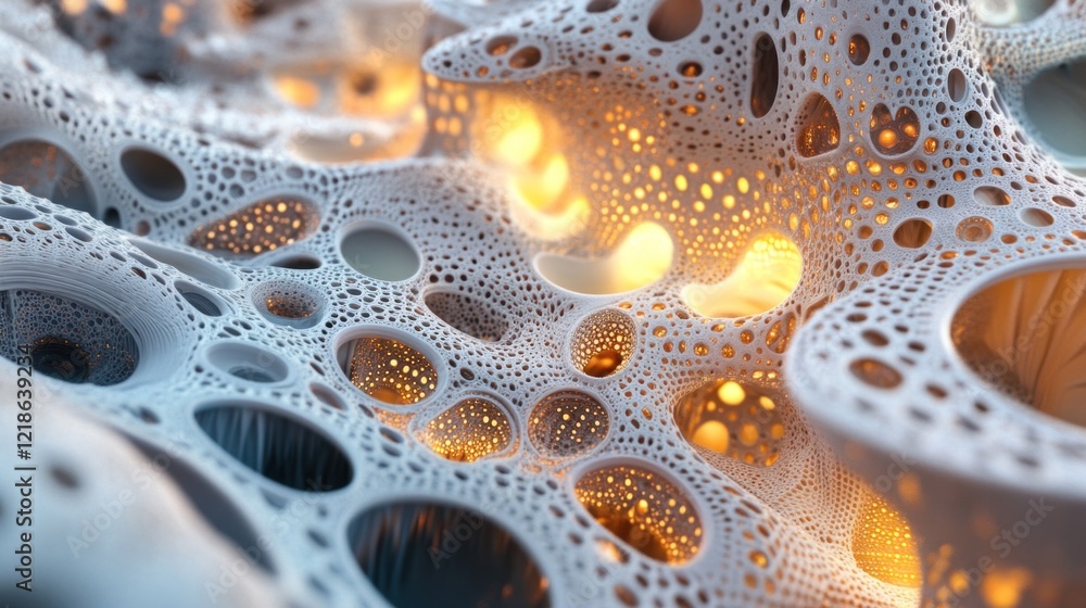 Poster intricate porous structure with glowing inner lights creating a textured abstract design