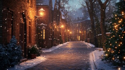 A cozy winter road scene with vintage streetlights and a light dusting of snow on cobblestone streets in a small town