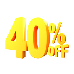 40% off 3d,yellow color 3d sign percent discount on isolated background.yellow and White on a Transparent Background