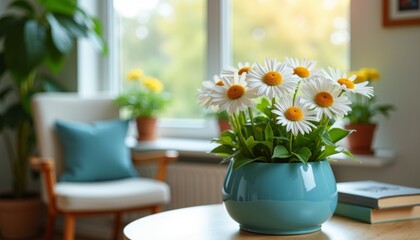 Bright daisies in blue ceramic pot on table, cheerful ambiance