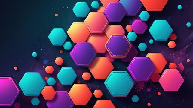 Dynamic abstract splashes of glowing colors like ultraviolet, coral red, and turquoise, creating a sense of motion and energy. The background is a shimmering multicolor gradient with futuristic hexago