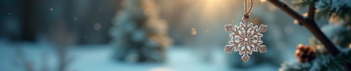 A delicate snowflake dangles from a twine wrapped around a wooden stick, decoration, twine