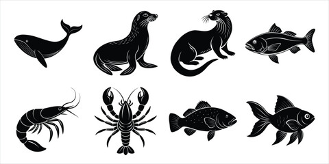 Ocean, Sea animals silhouette set. Aquatic animals life vector illustration design