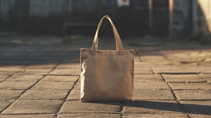 Beige tote bag on pavement.