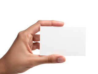 Close-up of a hand holding a blank white card on a transparent background
