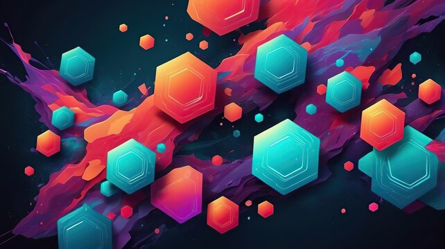 Dynamic abstract splashes of glowing colors like ultraviolet, coral red, and turquoise, creating a sense of motion and energy. The background is a shimmering multicolor gradient with futuristic hexago