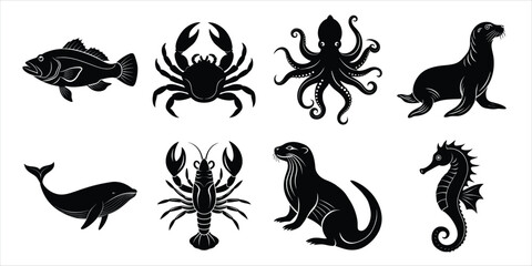 Ocean, Sea animals silhouette set. Aquatic animals life vector illustration design