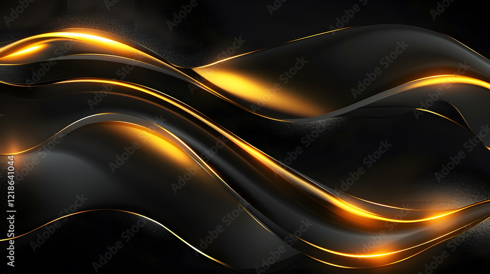 Poster abstract black background with smooth shiny gold motion lines, generative ai