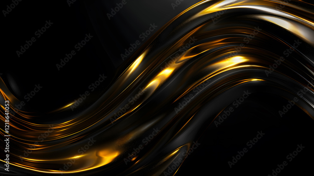 Poster abstract black background with smooth shiny gold motion lines, generative ai