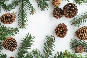 Fototapeta premium Cones and branches pine tree, fir tree background. High definition photo