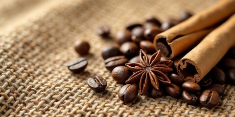 Aromatic Coffee Beans, Cinnamon Sticks, and Star Anise Resting on Rustic Burlap