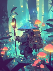 A young traveler journeys through a mystical glowing forest