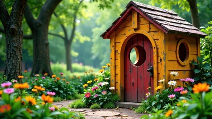 Charming Yellow and Red Play House Nestled Amongst Vibrant Blossoms in a Lush Garden Setting