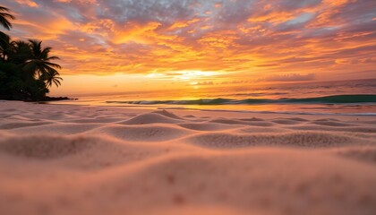 Beautiful sunrise over a tropical sandy beach with palm trees in the distance