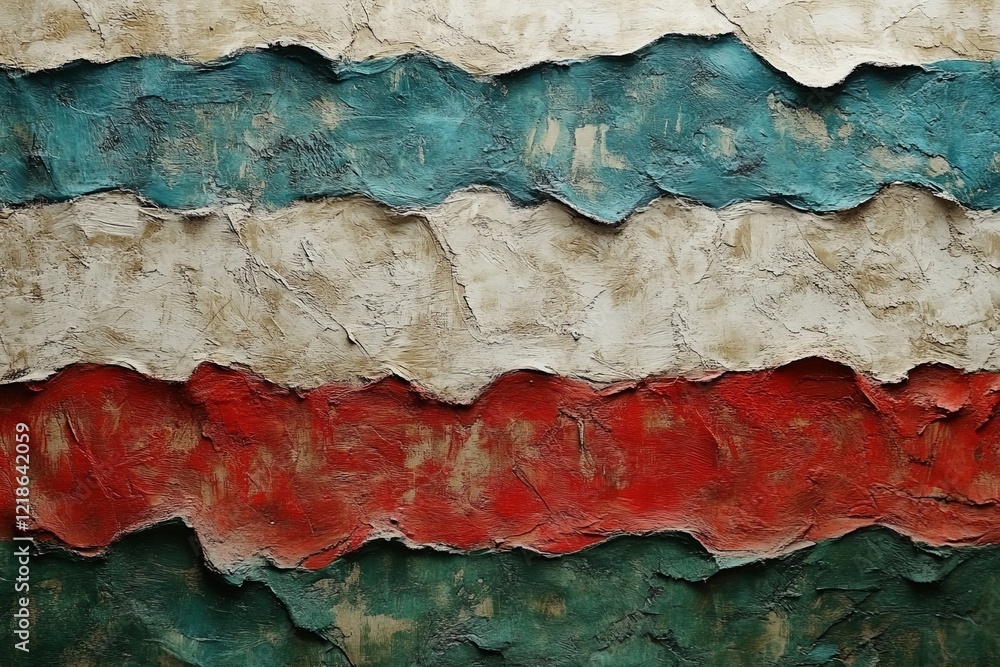 Poster colorful textured layers of paint create an abstract design in horizontal stripes on a wall