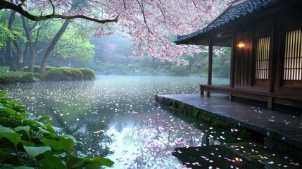 A picturesque Japanese garden with cherry blossom petals floating on a tranquil pond, creating a dreamy ambiance.
