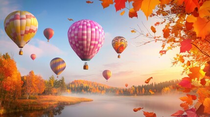 Fototapeta premium A playful view of multiple air balloons in various colors and patterns, soaring above a vibrant autumn landscape