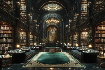 Obraz premium Luxurious Dark Library with Ornate Details