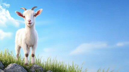 Fototapeta premium A playful goat standing on a rocky hillside, with its head tilted curiously, surrounded by lush green grass and a blue sky in the background