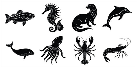 Ocean, Sea animals silhouette set. Aquatic animals life vector illustration design