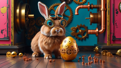 Mechanical bunny rolling an ornate egg in steampunk style