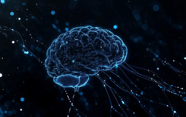 A digital brain made of circuitry and binary code, with glowing blue wires connecting various data points representing different aspects of artificial intelligence. 