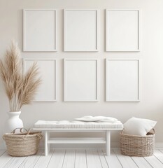 Minimalist hallway with white bench, pampas grass, and empty frames.