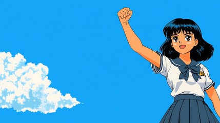 A Young Girl Celebrating Success with Joyful Fists Raised Against a Bright Sky