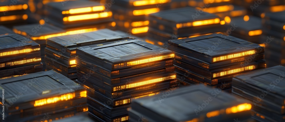 Poster a close-up view of advanced microchips illuminated with orange light