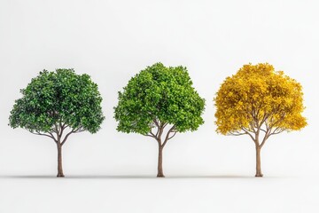 Obraz premium Three trees display seasonal changes in foliage color, showcasing green, yellow, and autumn hues on a minimalistic background