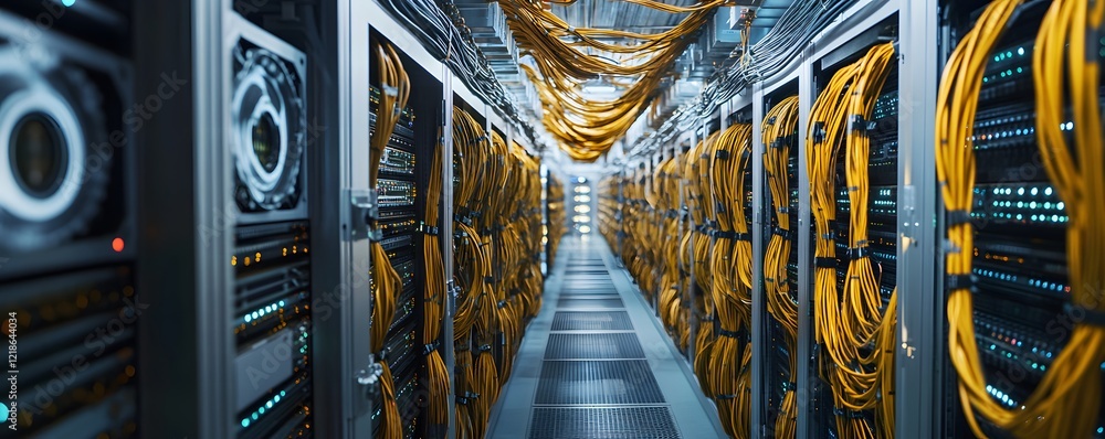 Poster a detailed view of a modern server room filled with rows of high-performance servers and the charact