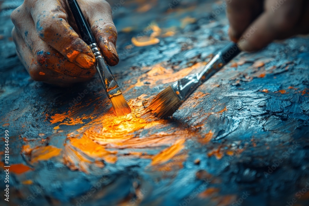 Poster creative exploration of vibrant colors with brushes on an artistic canvas in a studio setting