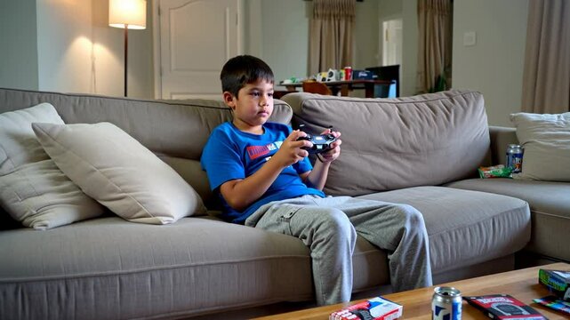 A boy is playing a video game on a couch in a cluttered living room. Concept of sedentary lifestyle and childhood obesity.