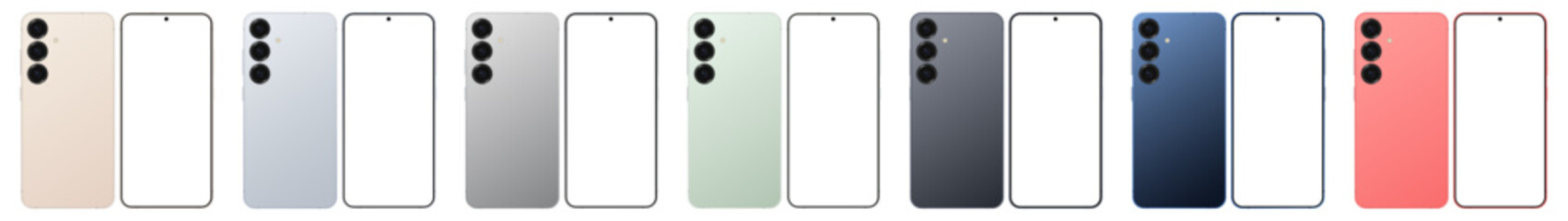 Samsung Galaxy S25+ Plus - Smartphone screen mockup front and back view. Phone mockup with transparent screen. Vector EPS 10