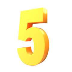 Number 5 of yellow color 3d sign percent discount on isolated background.yellow and White on a Transparent Background