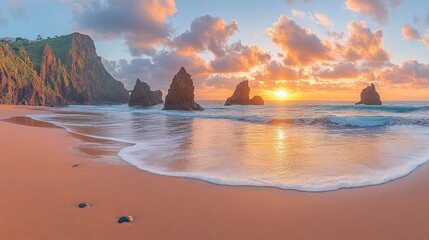 Fototapeta premium Dramatic sunset beach scene with coastal rocks