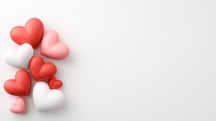 Colorful hearts in red, pink, and white create a charming, romantic arrangement on a clean, white background.