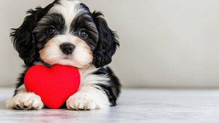 A playful puppy with black and white fur holds a red heart toy, exuding cuteness and charm.