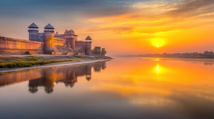 Fototapeta premium Agra Fort at sunset, with warm hues reflecting off its historic walls and the Yamuna River in the distance.