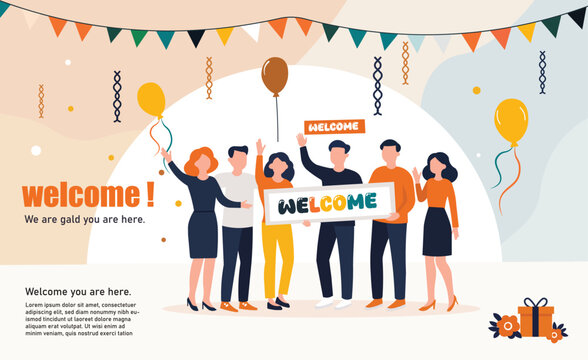 Vibrant welcome celebration illustration featuring a group of people with balloons, banners, and decorations.
 Perfect for events, greetings, invitations, teamwork, community, and festive designs.