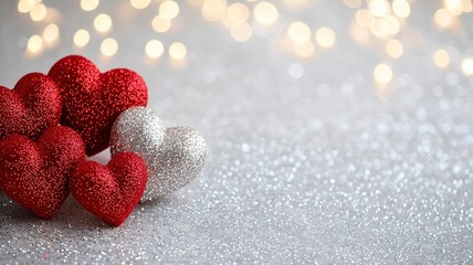 Fototapeta premium A collection of glittering red and silver hearts on a sparkling surface, evoking feelings of love and celebration.