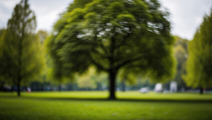 A blurred green background with trees in the park, an atmosphere of tranquility and unity with nature.