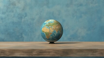 Detailed globe of the world placed on a wooden table, blue background.