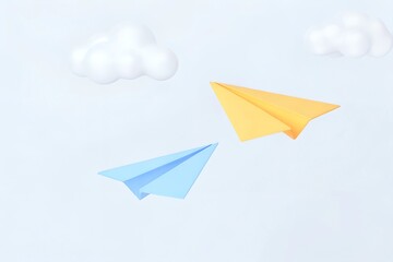 Colorful 3D Paper Airplanes with Clouds – Minimalist Cartoon Design