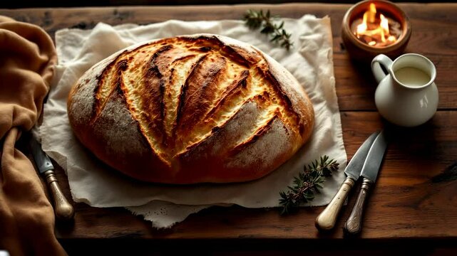 Traditional Hungarian Kuruc Bread: A Rustic Easter Table Setting with Candlelight and Fresh Herbs