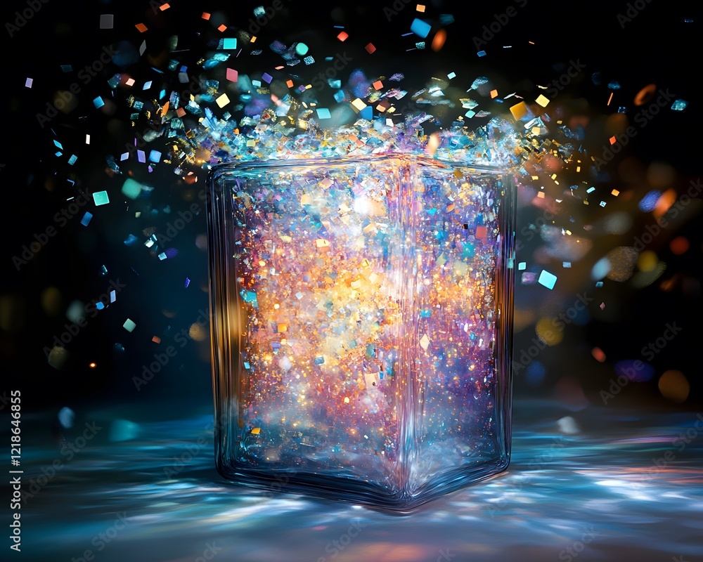 Poster a mesmerizing display of sparkling lights emerging from a glass container, creating a magical atmosp