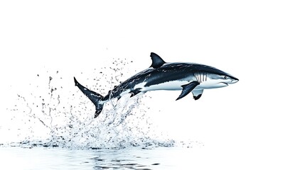Fototapeta premium A shark breaching the surface of the water with a white background.