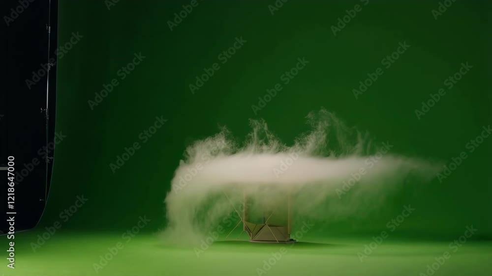 Poster white smoke is emanating from a small cardboard box placed on a green screen background, creating a 
