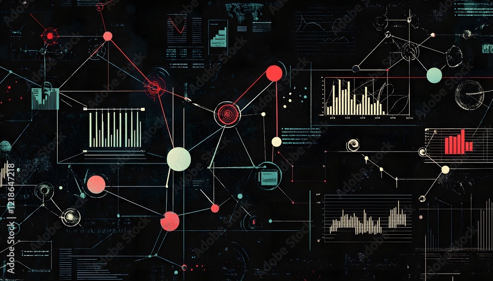 Poster a modern abstract digital background showcasing interconnected data visualizations, charts, and netw