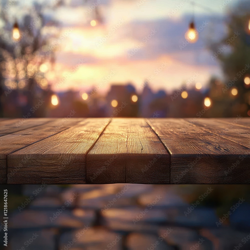 Aufkleber serene wooden table overlooking a dreamy sunset with string lights, creating a warm and inviting atm